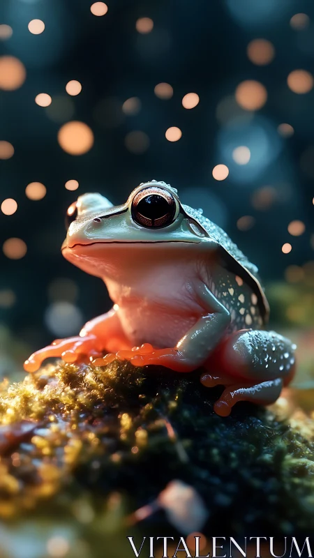 Macro bokeh profile of luminous tree frog on mossy substrate.