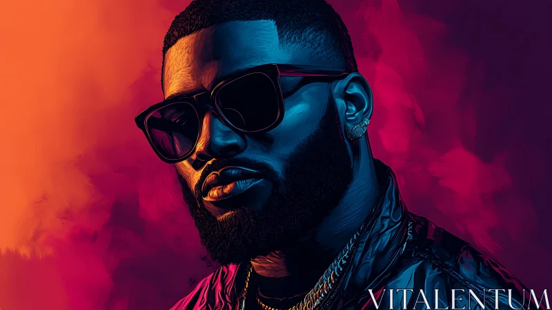 Confident portrait in bold neon oranges, pinks, and blues.