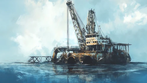 Rusting offshore dredger rests silent on a hazy blue sea