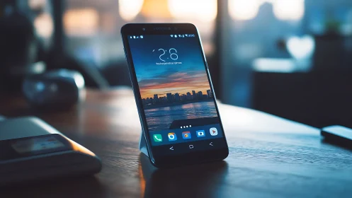 Android smartphone displaying cityscape wallpaper on desk.