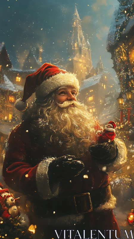 Santa enjoys a magical snowfall in a glowing Christmas town