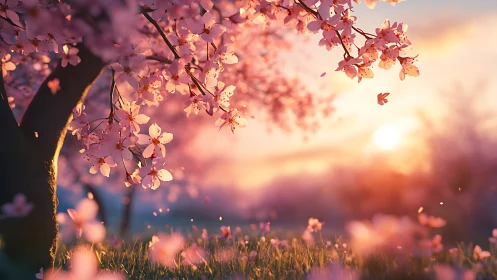 Backlit cherry blossoms in shallow-depth sunset landscape scene