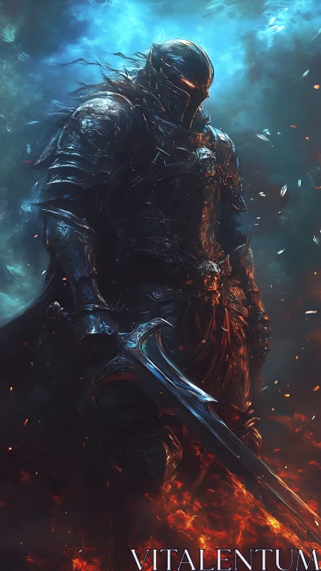 Dark armored knight rises amid swirling fire and storm