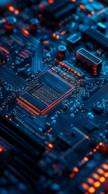 Close-up view of illuminated circuit board with microchip.