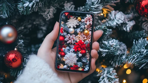Hand holds smartphone displaying mirrored holiday tree scene