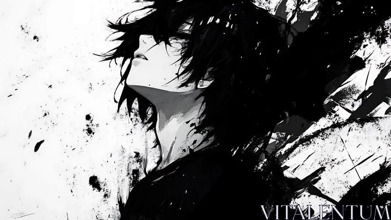 Ink-splattered anime portrait channels raw emotional release.