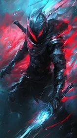 Shadowflame ninja strides through neon frost and embers.