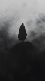 Solitary cloaked wanderer stands calm above swirling mist