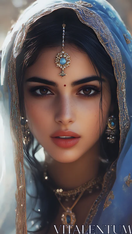 Digital portrait of veiled woman with ornate jewelry.