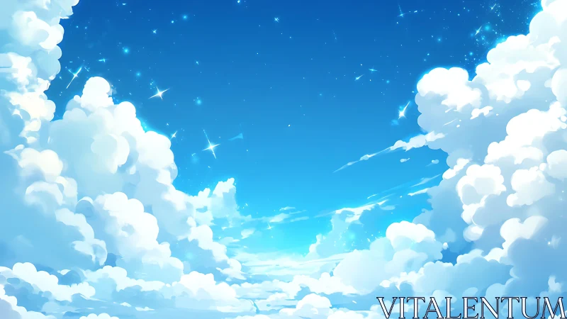 Luminous digital sky with towering cumulus clouds and stars.