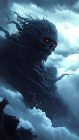 Colossal skull storm wraith looming within thunderous clouds.