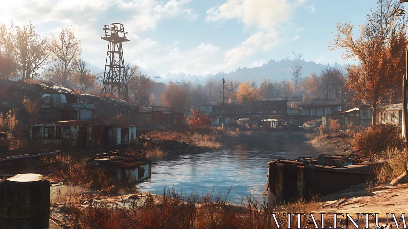 Rust-tinted lakeside outpost dreaming in postfall dawn.