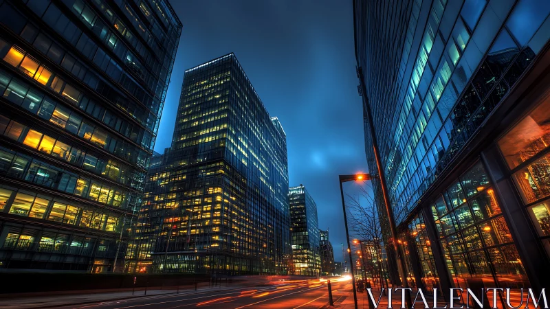Moody blue city towers glowing with night office lights.