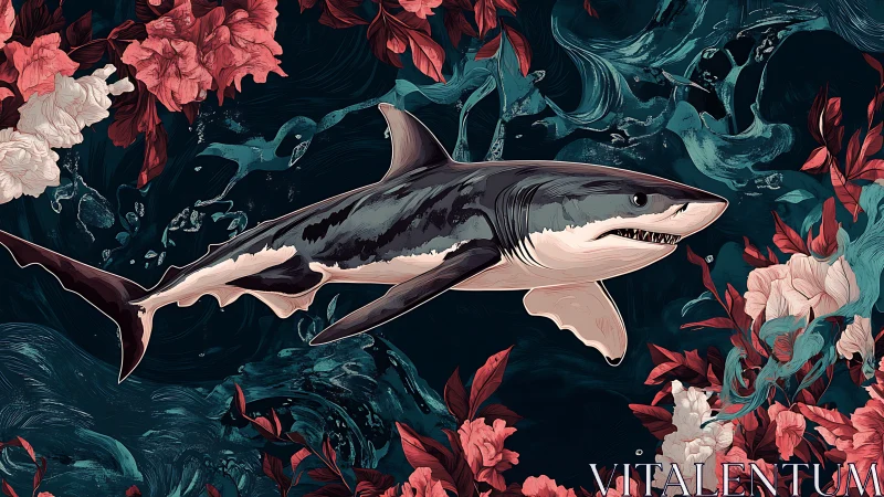 Illustrated great white shark with floral coral forms in stylized ocean