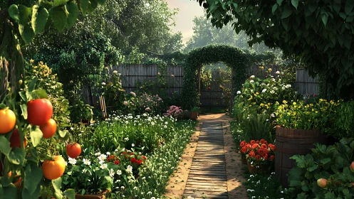 Sunlit garden path welcomes you past flowers and ripe tomatoes