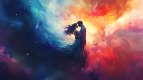Couple Embracing Within Luminous Cosmic Clouds