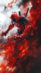 Red-suited antihero diving through swirling firestorm.