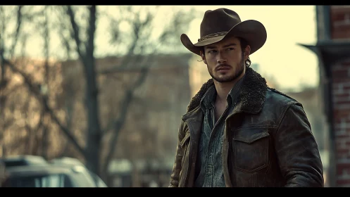 Rugged cowboy in worn leather jacket on a quiet street.