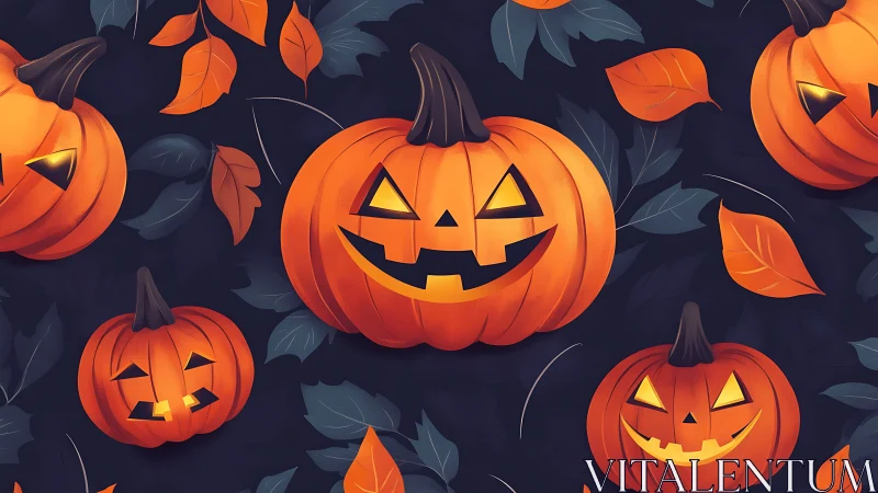 Seamless pattern of carved pumpkins and scattered autumn leaves.