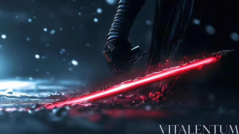 Dark figure holding red energy blade in snowy environment.