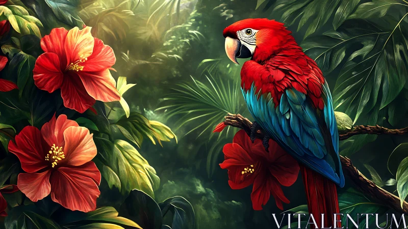 Red parrot on branch within dense tropical foliage scene.