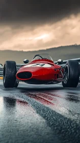 Vintage red formula race car on wet track at dusk.