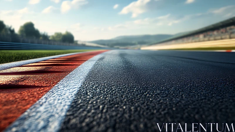 Low-angle view of textured asphalt and curb on racetrack.