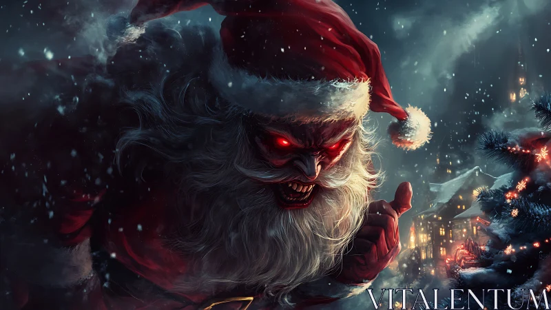 Demonic Santa portrait with glowing red eyes and high-contrast rim lighting