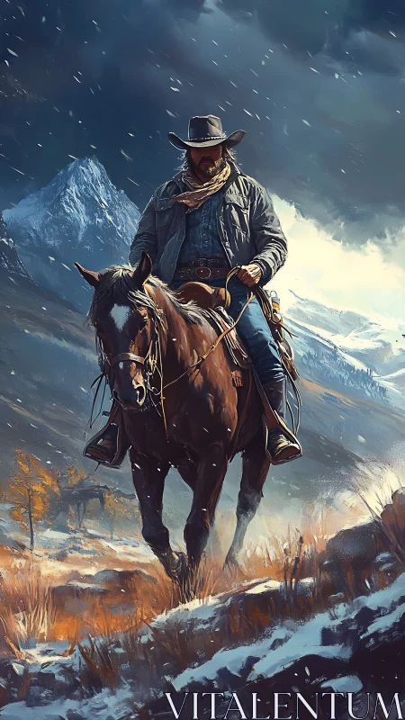 Lone cowboy rides through stormy snowlit mountain pass.