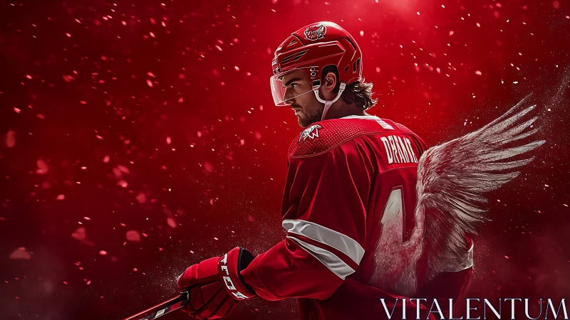 Winged hockey guardian glides through a crimson blizzard