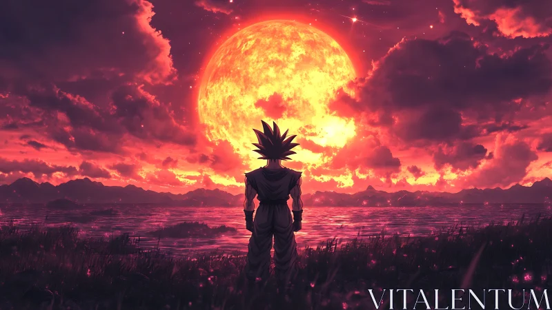 Backlit warrior silhouette studies colossal sun under crimson sky