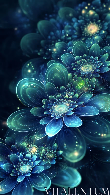 Luminous blue fractal flowers on deep cosmic background.