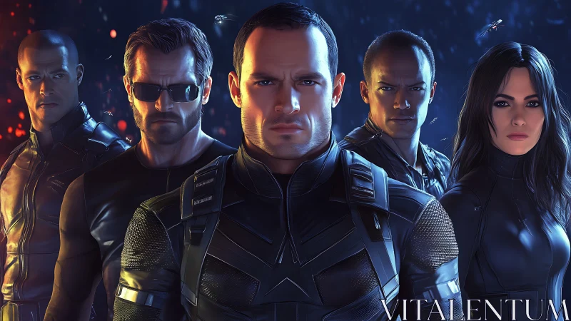 Digital painting of tactical squad under cinematic blue-orange light.