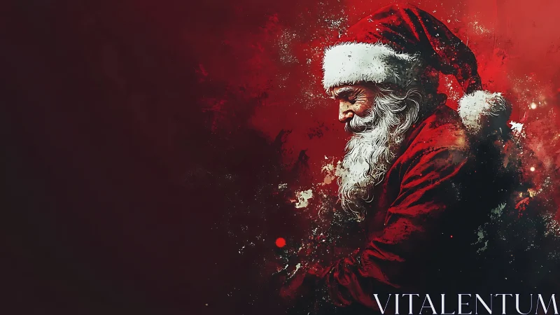 Textured digital Santa portrait in red particulate field.