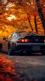 Low-slung black sports car under vivid autumn canopy.