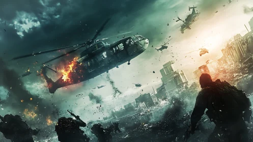 Urban battlefield with helicopters under heavy attack.