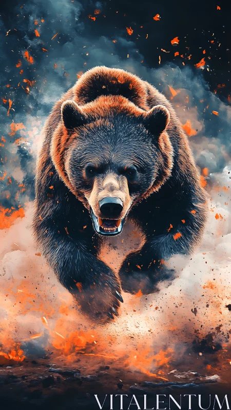 Brown bear advancing through smoke and embers in motion.
