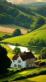 Sunlit country cottage nestled in rolling green hills.