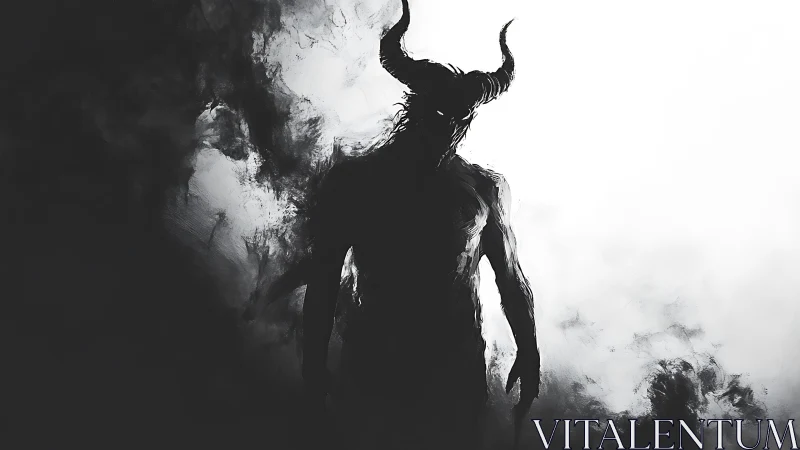 Horned shadow strides from the void, carving light in smoke