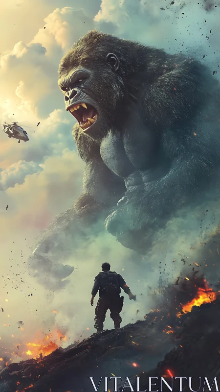 Colossal gorilla confronts lone soldier amid fiery battlefield.