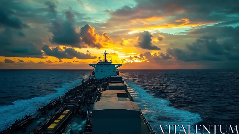 Cargo titan chases molten sunrise across restless ocean.