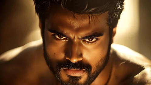 Intense male portrait under dramatic golden lighting.