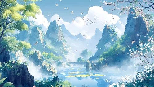 Gentle misty mountains welcome a tranquil riverside daydream