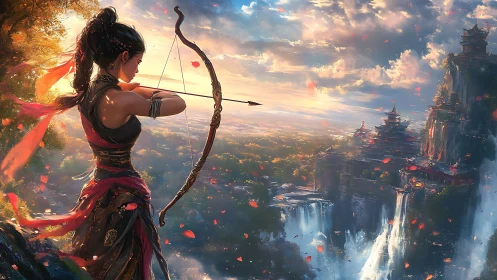 Warrior archer draws bow above sunlit waterfall citadel