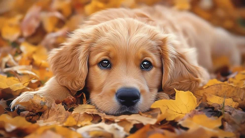 Golden puppy resting in vivid autumn leaves at ground level.
