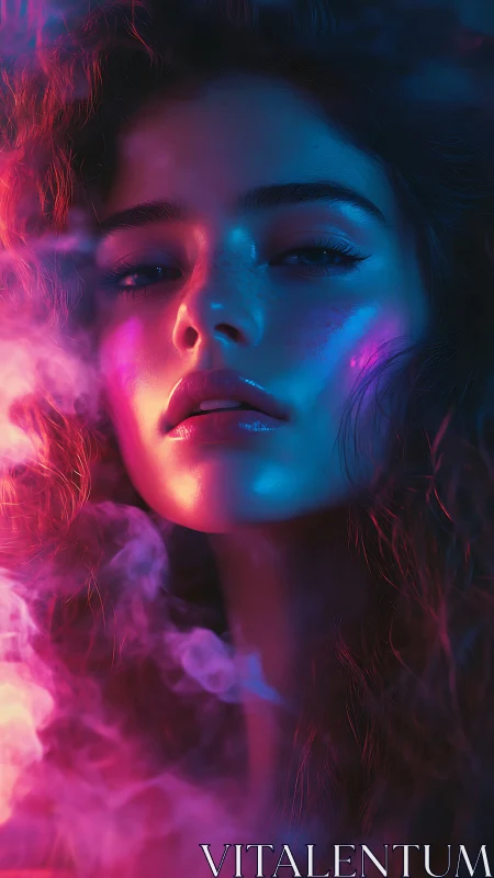 Neon lit female portrait with colored smoke and shadows.