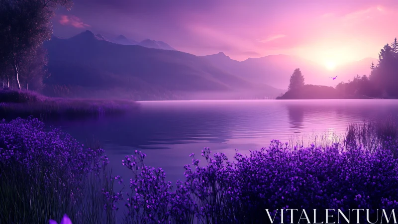 Purple mountain lake at sunrise with glowing sky and flowers.