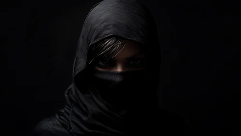 Mysterious hooded figure with striking, watchful eyes.