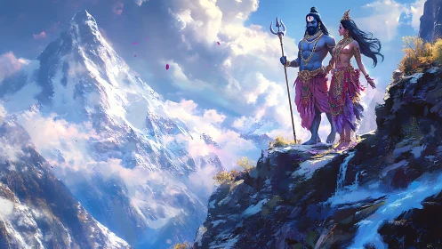 Two mythological figures stand on a cliff above snowy mountains