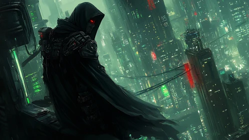 Cyberpunk assassin overlooks neon-drenched megacity skyline.
